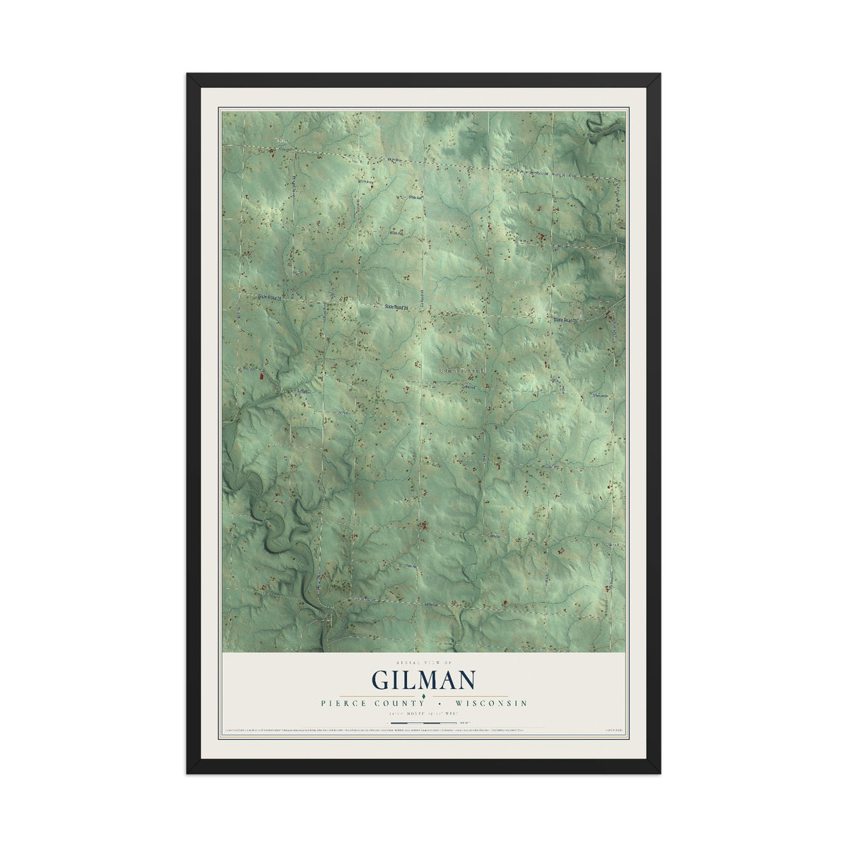 Map of Gilman, Pierce County, Wisconsin, 12 x 18 inch print in a black wood frame