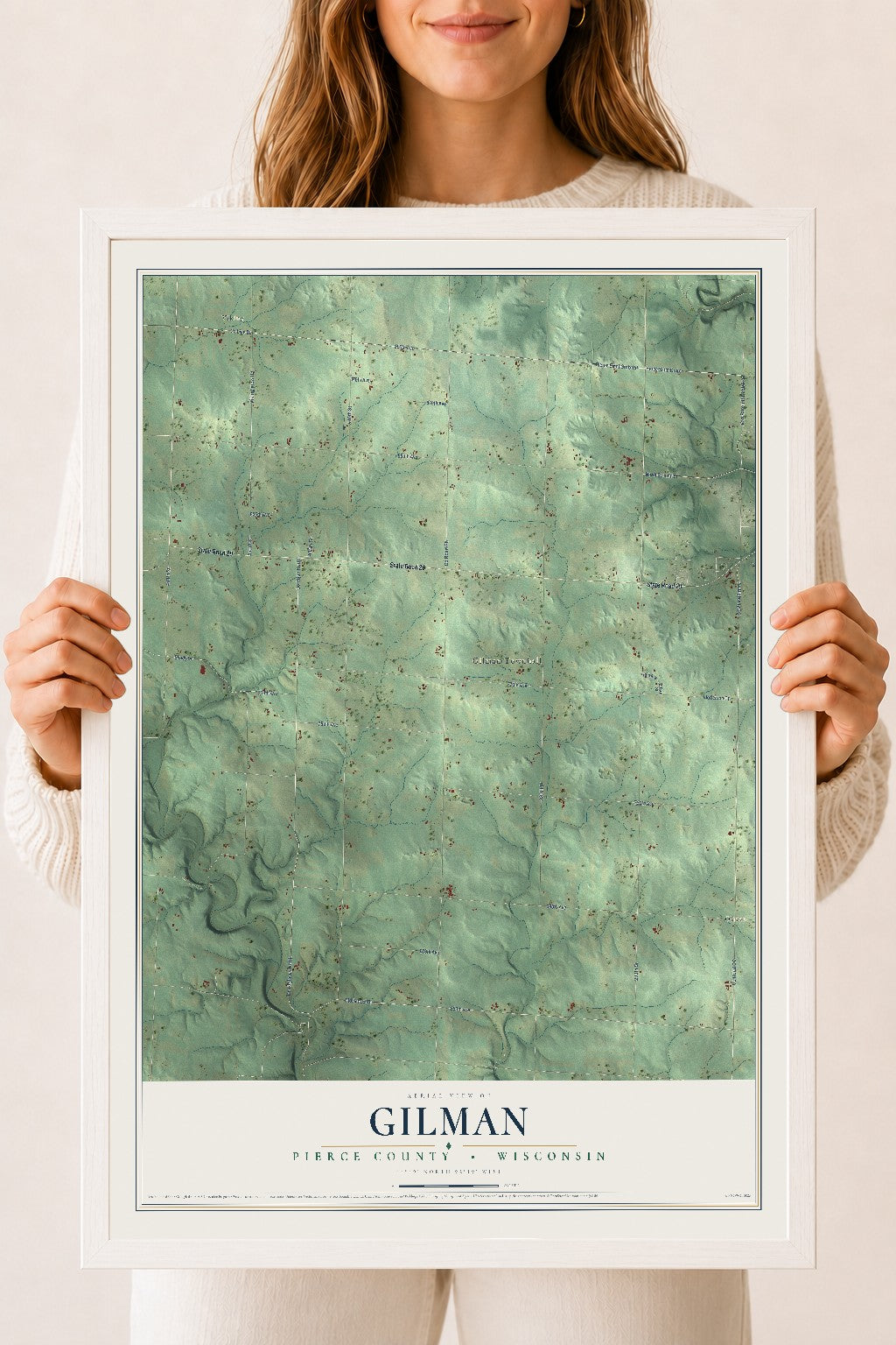 Map of Gilman, Pierce County, Wisconsin, 18 x 24 inch print in a white wood frame