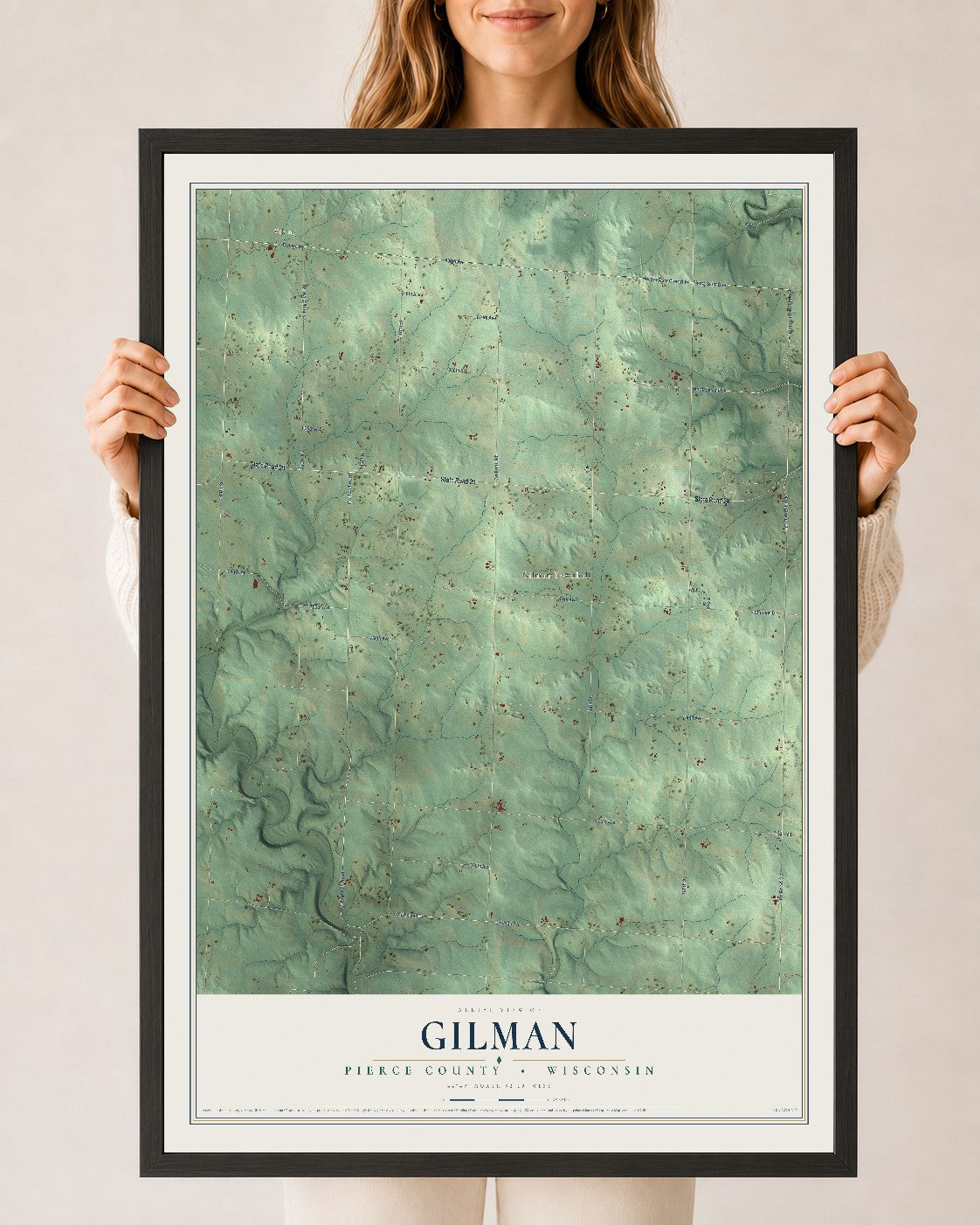 Map of Gilman, Pierce County, Wisconsin, 24 x 36 inch print in a black wood frame