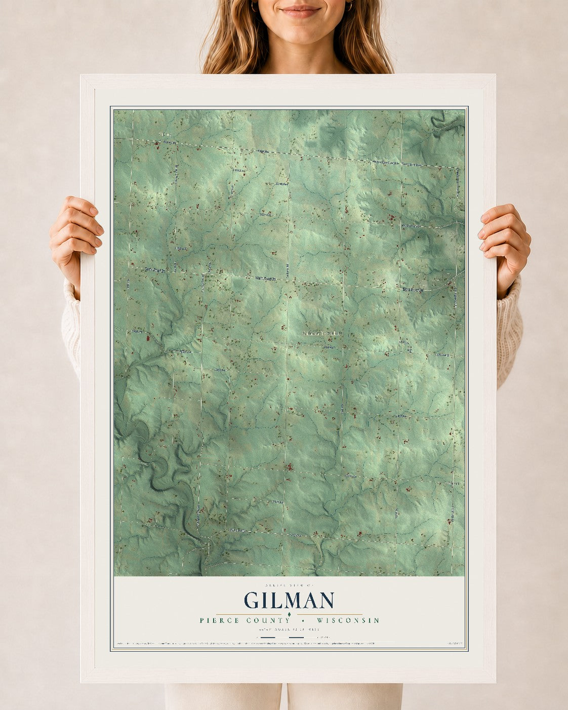 Map of Gilman, Pierce County, Wisconsin, 24 x 36 inch print in a white wood frame