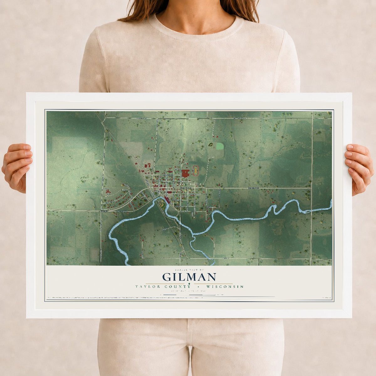 Map of Gilman, Taylor County, Wisconsin, 12 x 18 inch print in a white wood frame