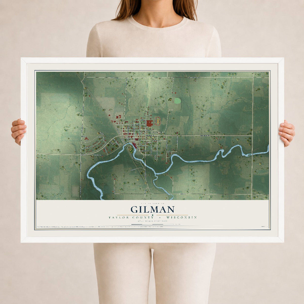 Map of Gilman, Taylor County, Wisconsin, 24 x 36 inch print in a white wood frame