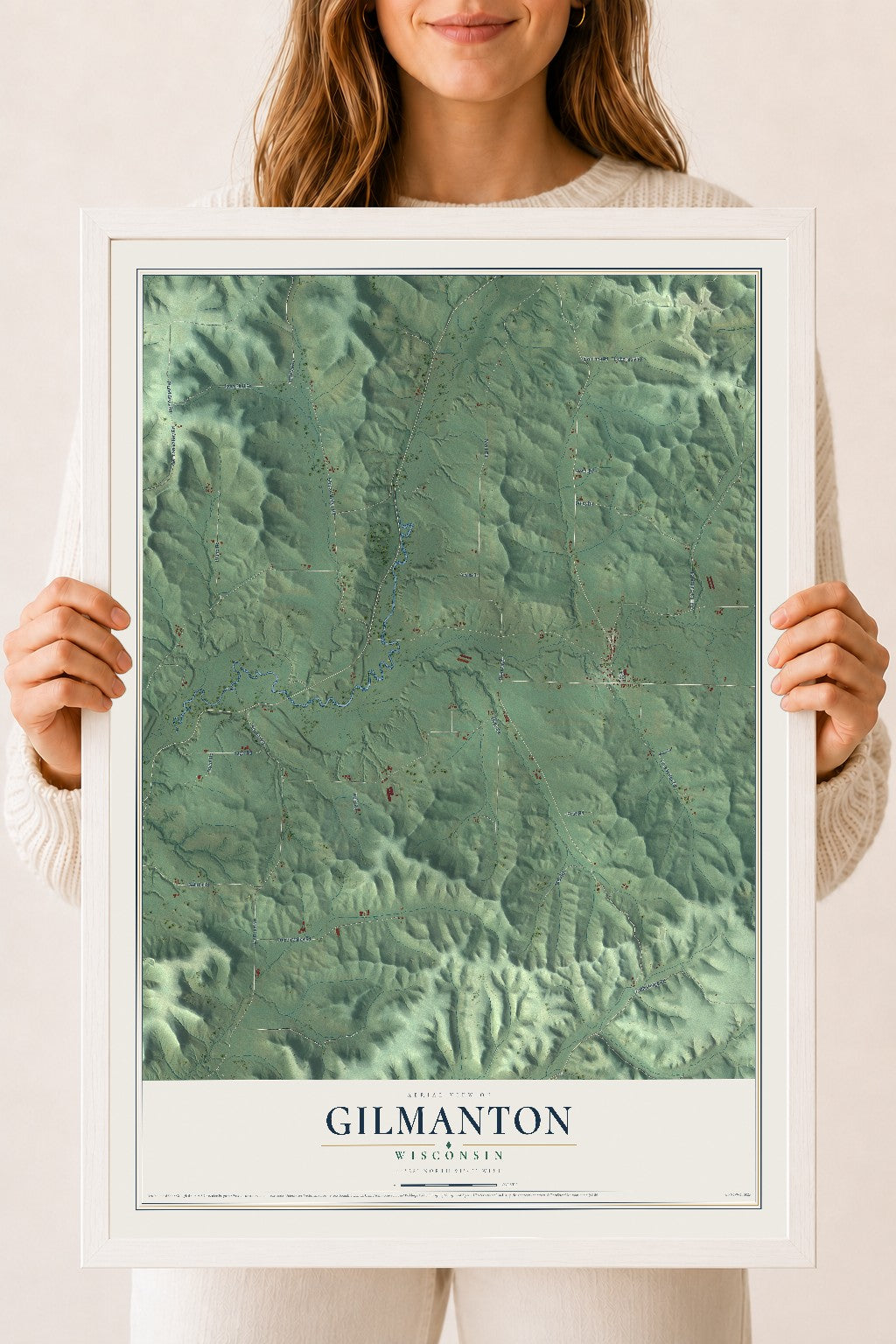 Map of Gilmanton, Wisconsin, 18 x 24 inch print in a white wood frame