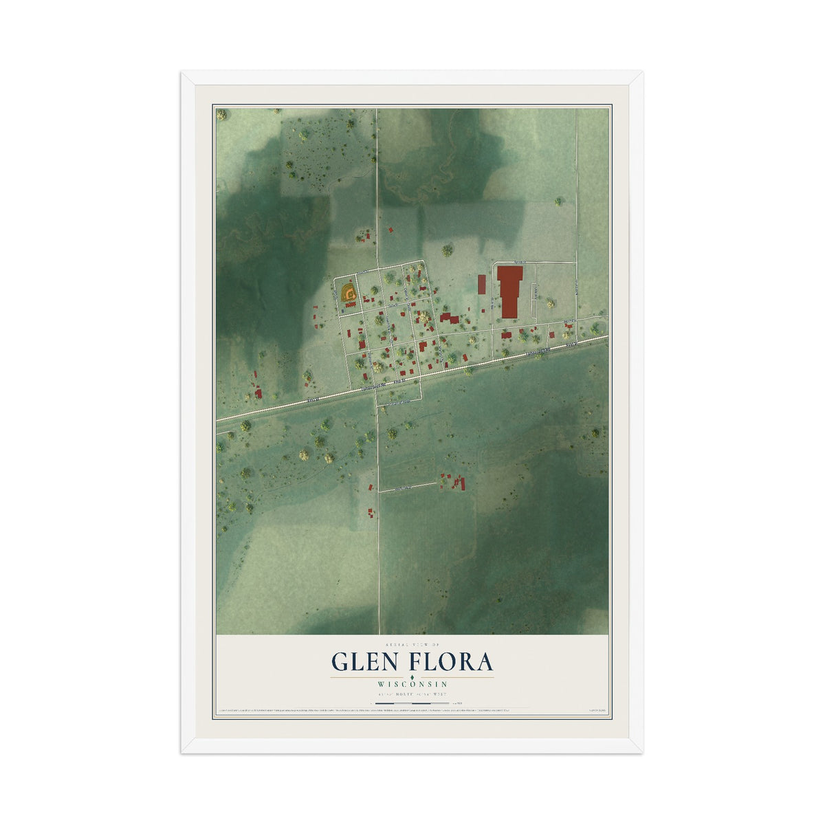 Map of Glen Flora, Wisconsin, 12 x 18 inch print in a white wood frame