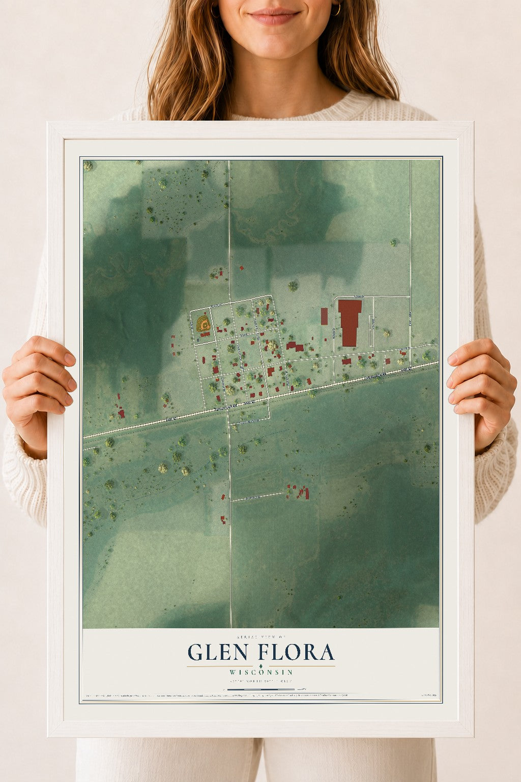 Map of Glen Flora, Wisconsin, 18 x 24 inch print in a white wood frame