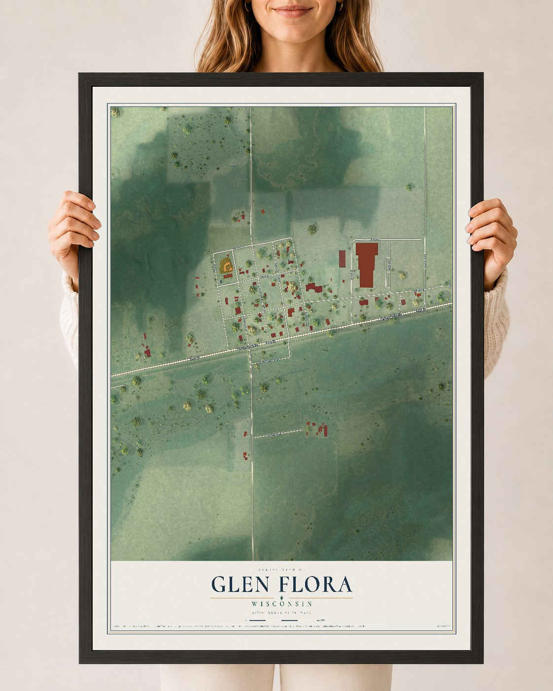 Map of Glen Flora, Wisconsin, 24 x 36 inch print in a black wood frame