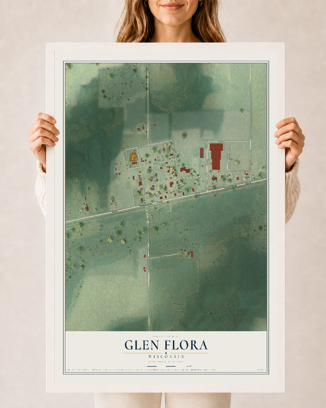 Map of Glen Flora, Wisconsin, 24 x 36 inch print in a white wood frame
