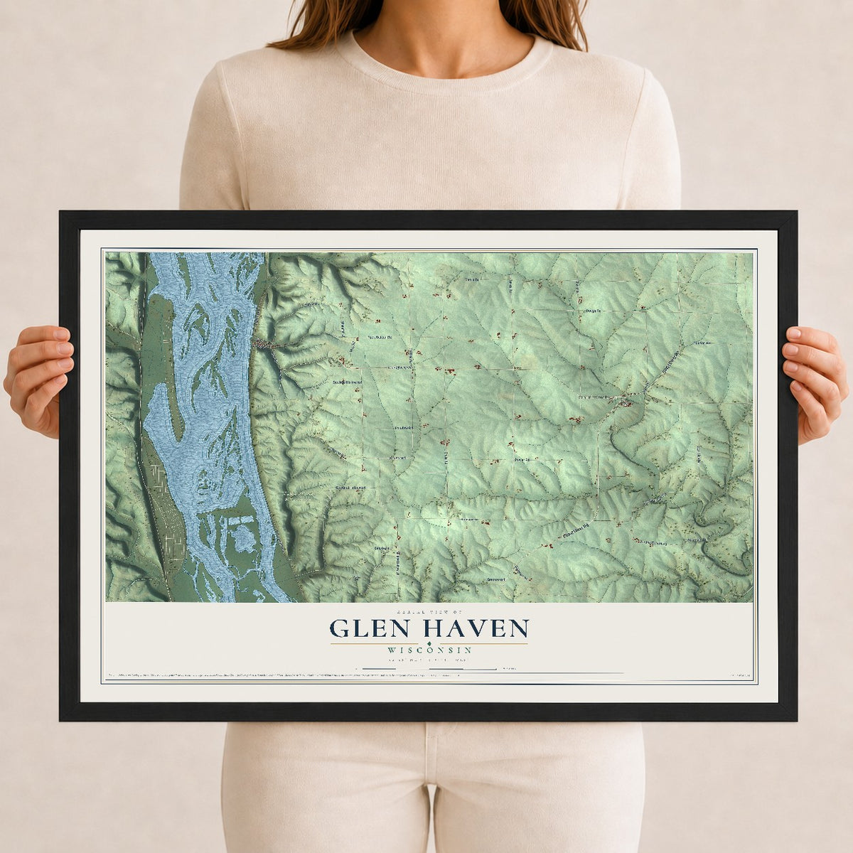 Map of Glen Haven, Wisconsin, 12 x 18 inch print in a black wood frame