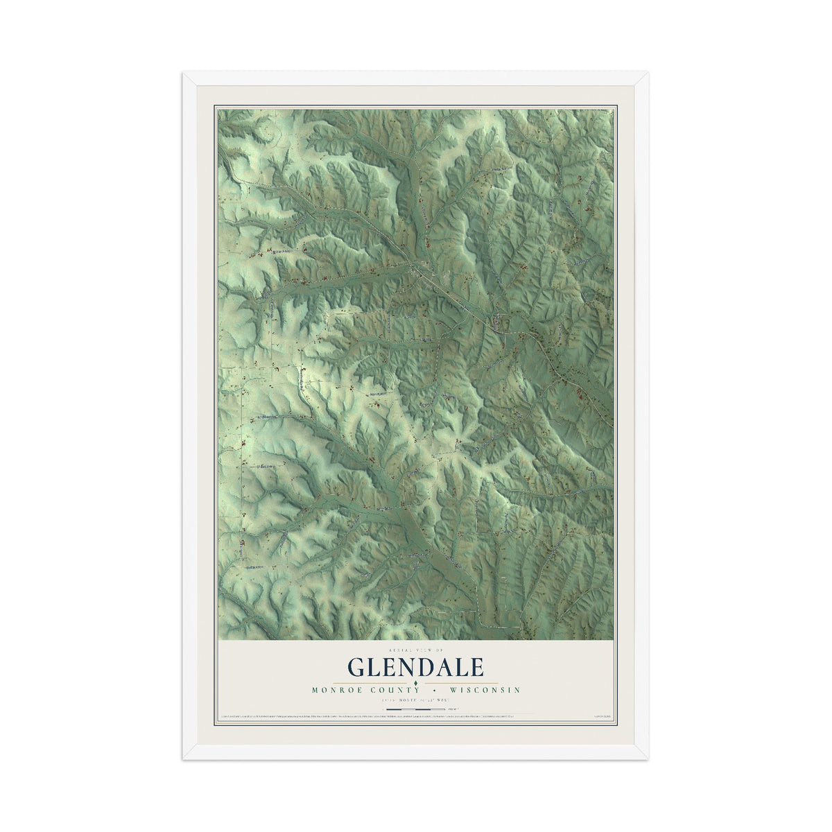 Map of Glendale, Monroe County, Wisconsin, 12 x 18 inch print in a white wood frame