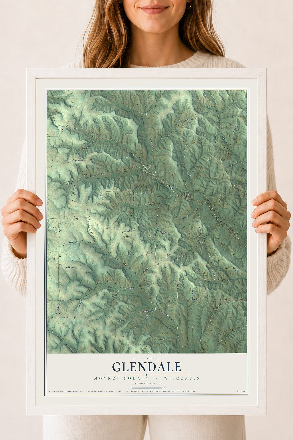 Map of Glendale, Monroe County, Wisconsin, 18 x 24 inch print in a white wood frame