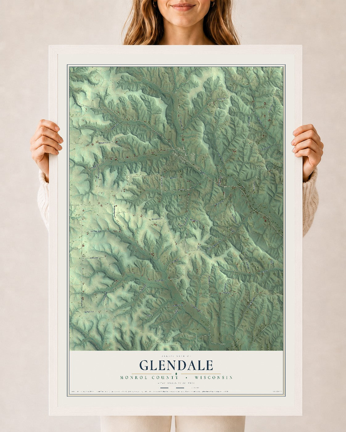 Map of Glendale, Monroe County, Wisconsin, 24 x 36 inch print in a white wood frame