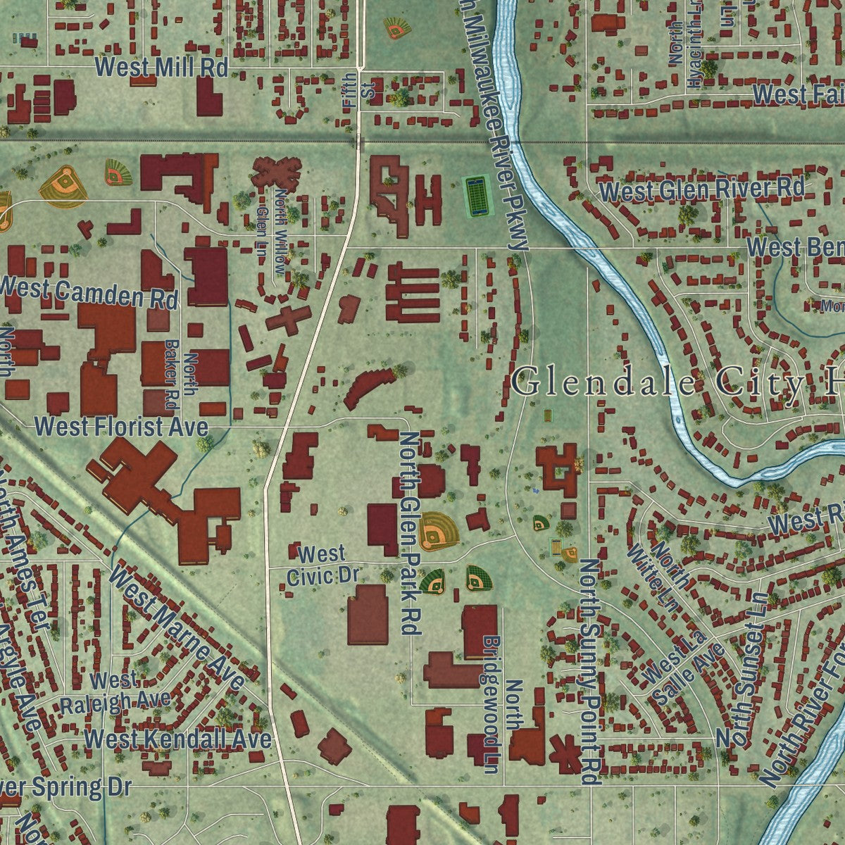 Close-up of the map of Glendale, Milwaukee County, Wisconsin print showing street and building detail