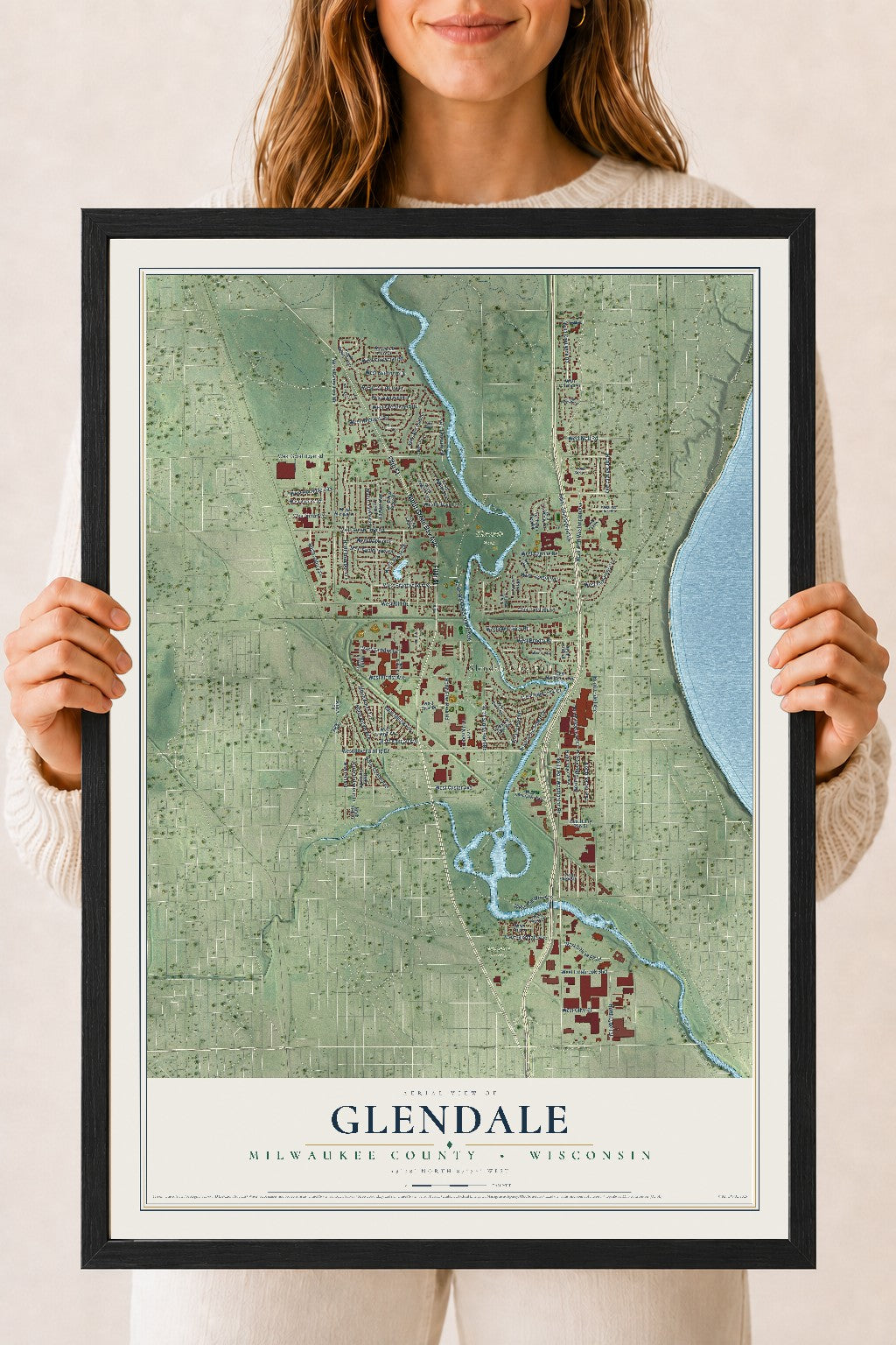 Map of Glendale, Milwaukee County, Wisconsin, 18 x 24 inch print in a black wood frame