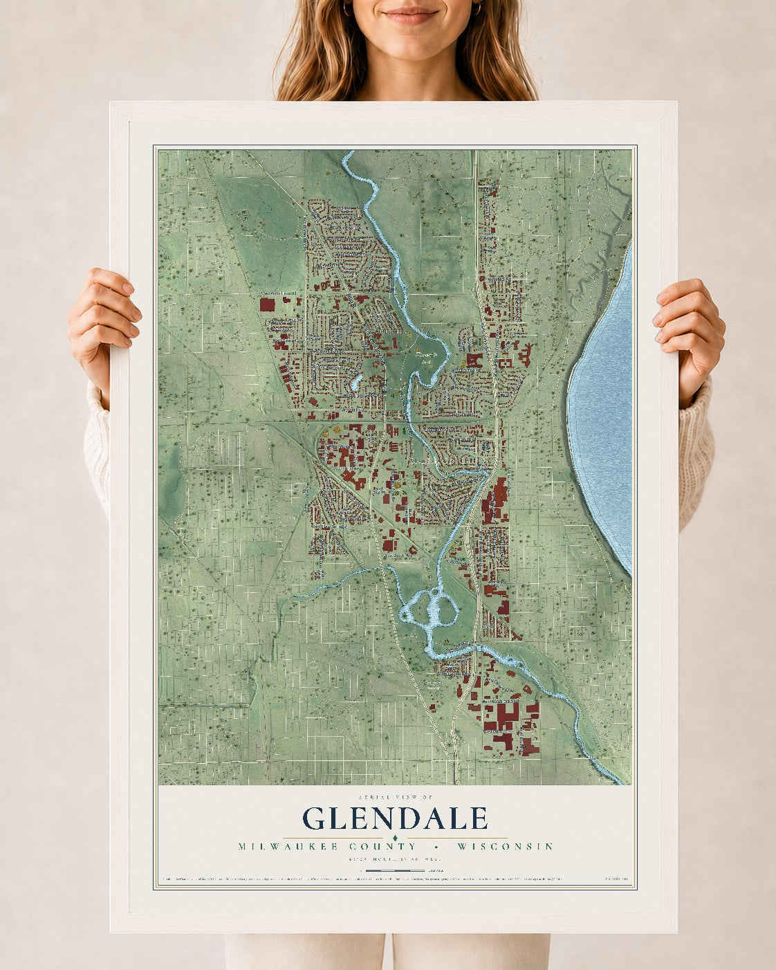 Map of Glendale, Milwaukee County, Wisconsin, 24 x 36 inch print in a white wood frame