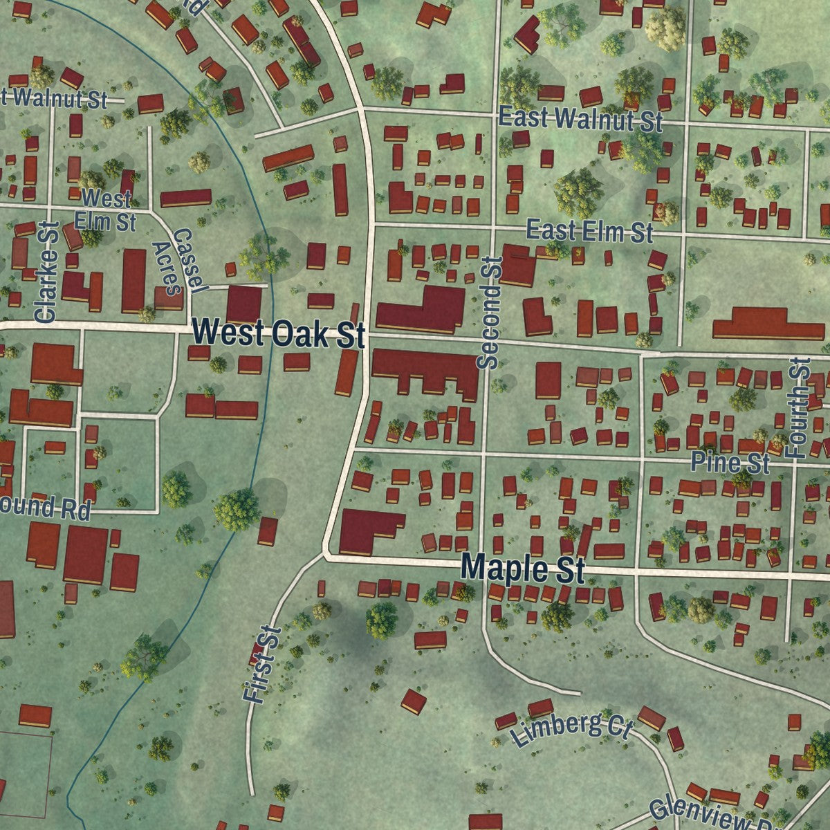 Close-up of the map of Glenwood City, Wisconsin print showing street and building detail