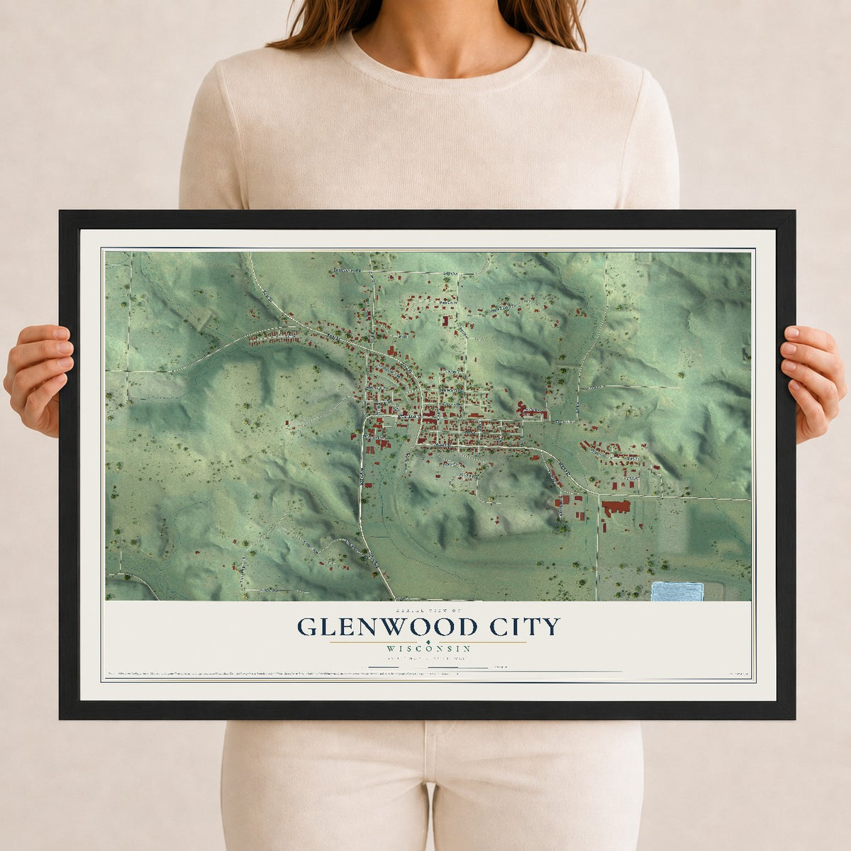 Map of Glenwood City, Wisconsin, 12 x 18 inch print in a black wood frame