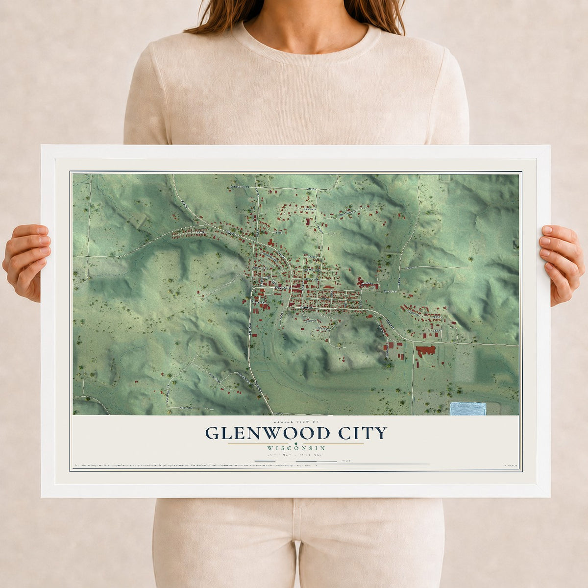 Map of Glenwood City, Wisconsin, 12 x 18 inch print in a white wood frame