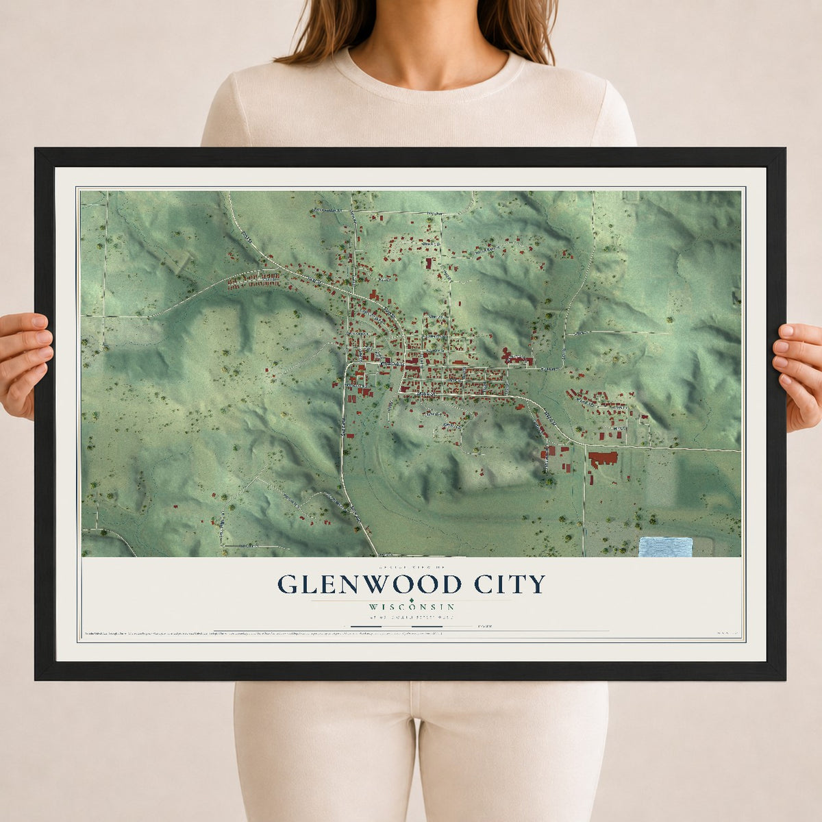 Map of Glenwood City, Wisconsin, 18 x 24 inch print in a black wood frame