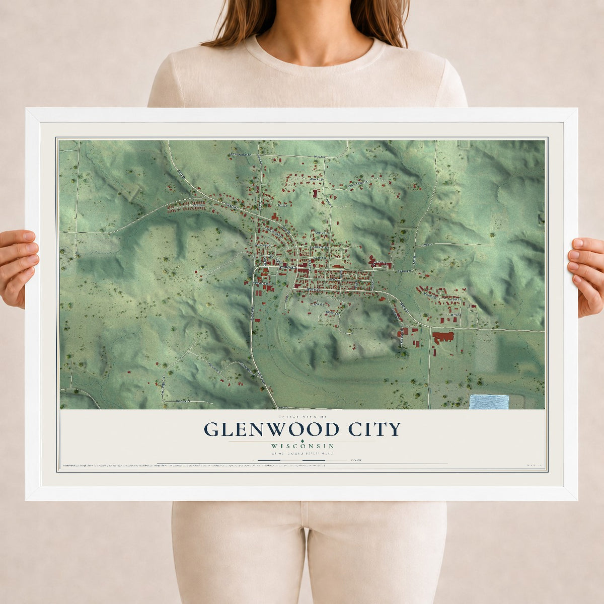 Map of Glenwood City, Wisconsin, 18 x 24 inch print in a white wood frame