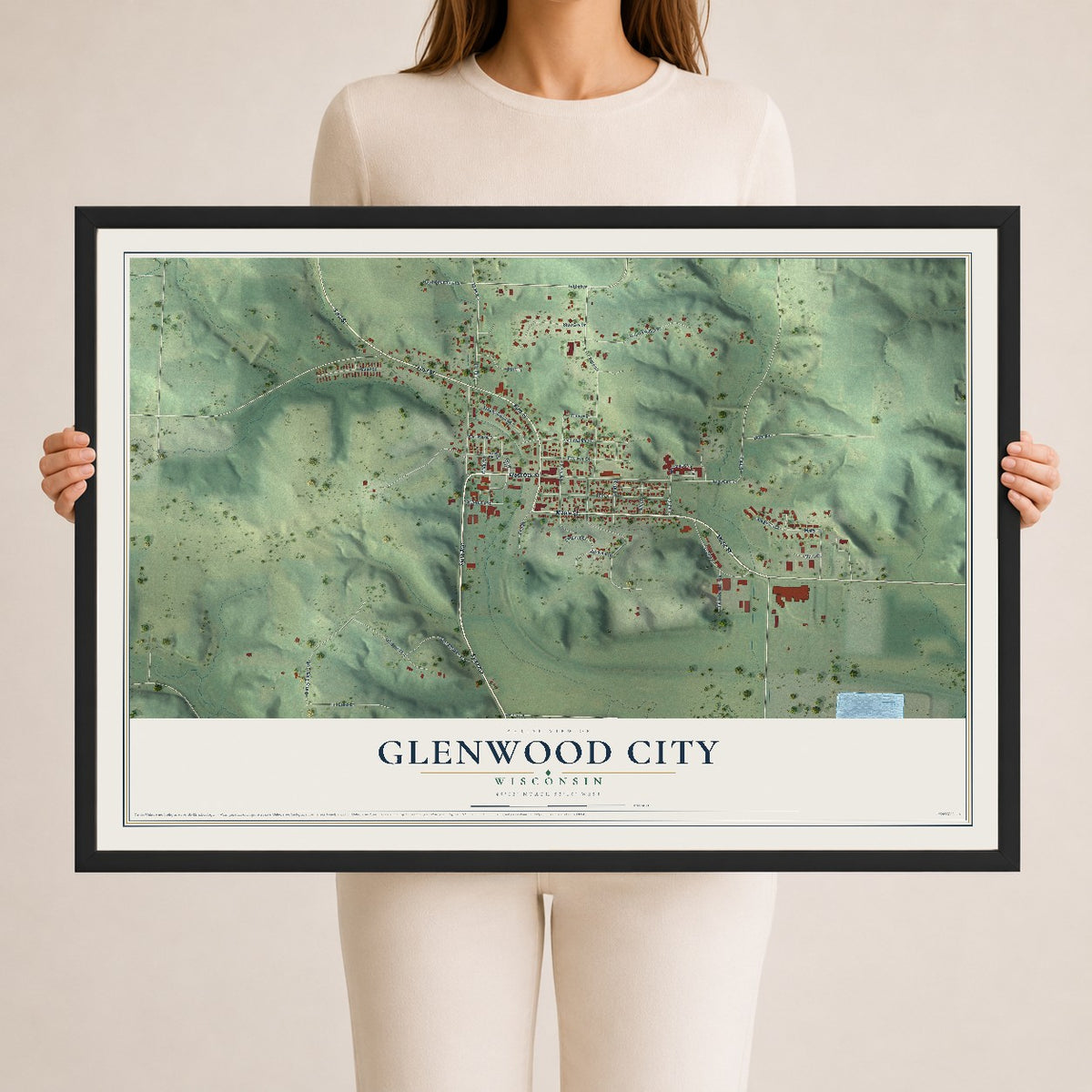 Map of Glenwood City, Wisconsin, 24 x 36 inch print in a black wood frame