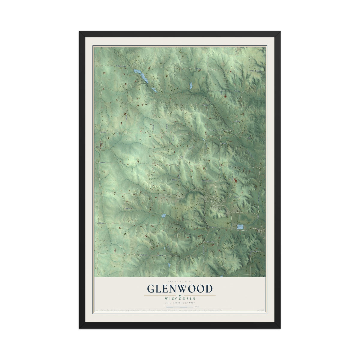Map of Glenwood, Wisconsin, 12 x 18 inch print in a black wood frame