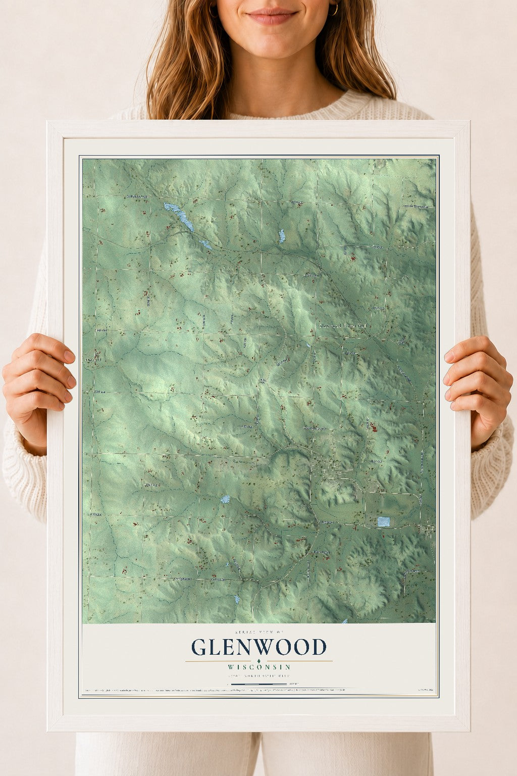 Map of Glenwood, Wisconsin, 18 x 24 inch print in a white wood frame