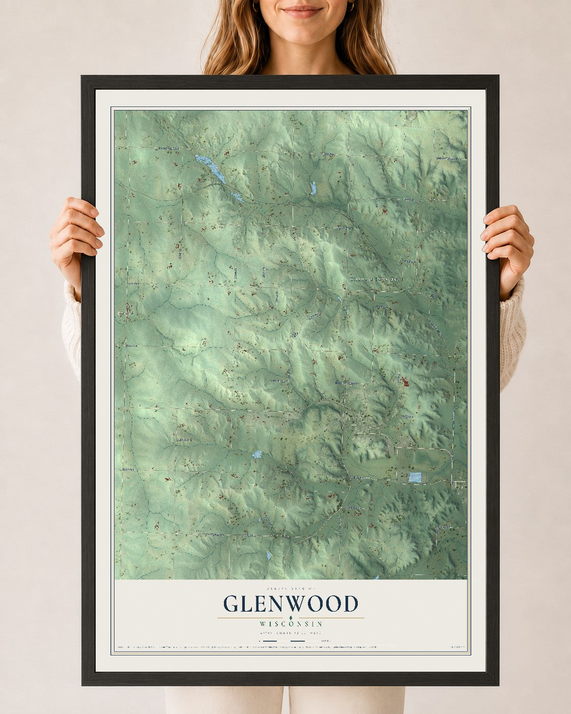Map of Glenwood, Wisconsin, 24 x 36 inch print in a black wood frame