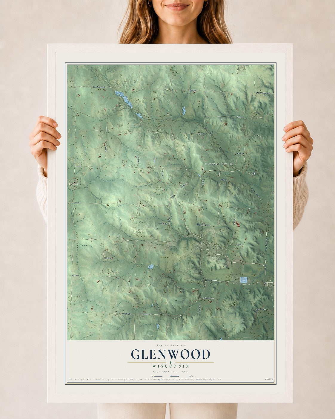 Map of Glenwood, Wisconsin, 24 x 36 inch print in a white wood frame
