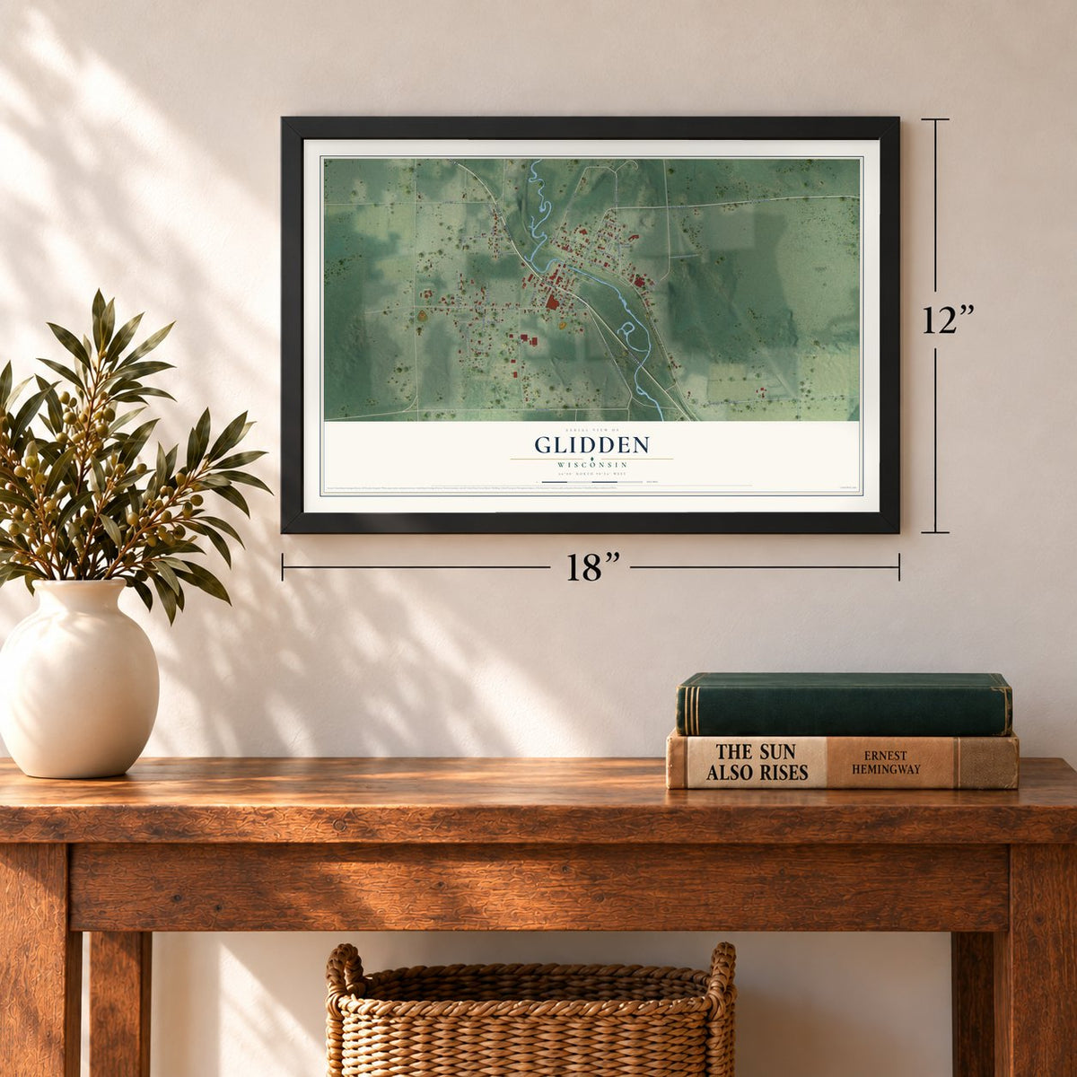 Glidden, Wisconsin map, 12 x 18 inch print in a black frame in an entryway