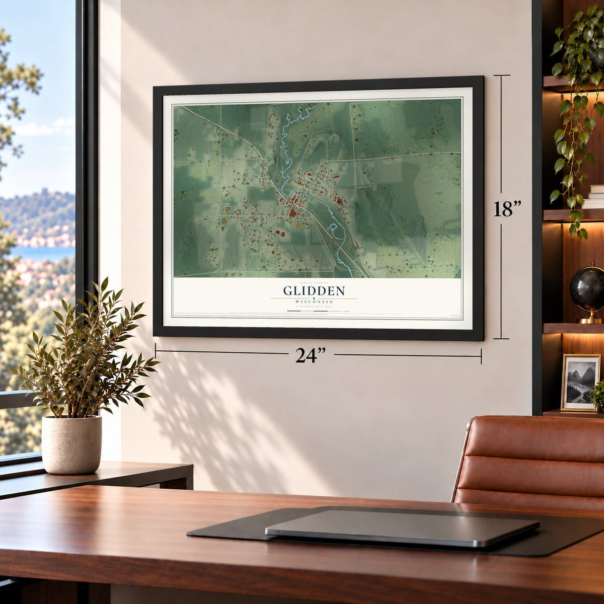 Glidden, Wisconsin map, 18 x 24 inch print in a black frame in a home office