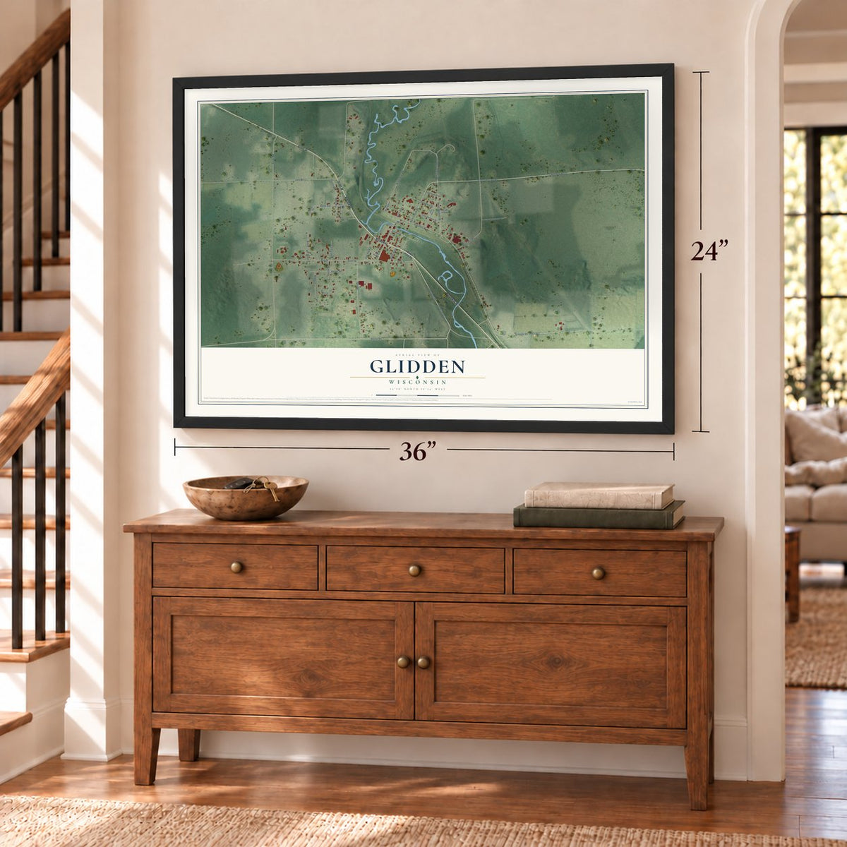 Glidden, Wisconsin map, 24 x 36 inch print in a black frame above a dresser by a staircase