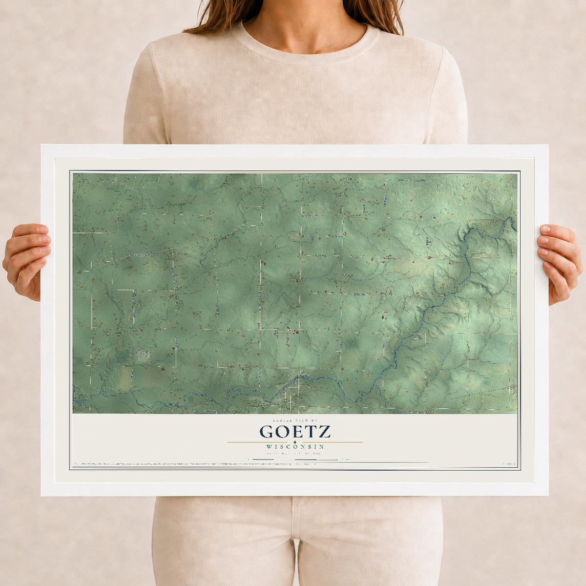 Map of Goetz, Wisconsin, 12 x 18 inch print in a white wood frame