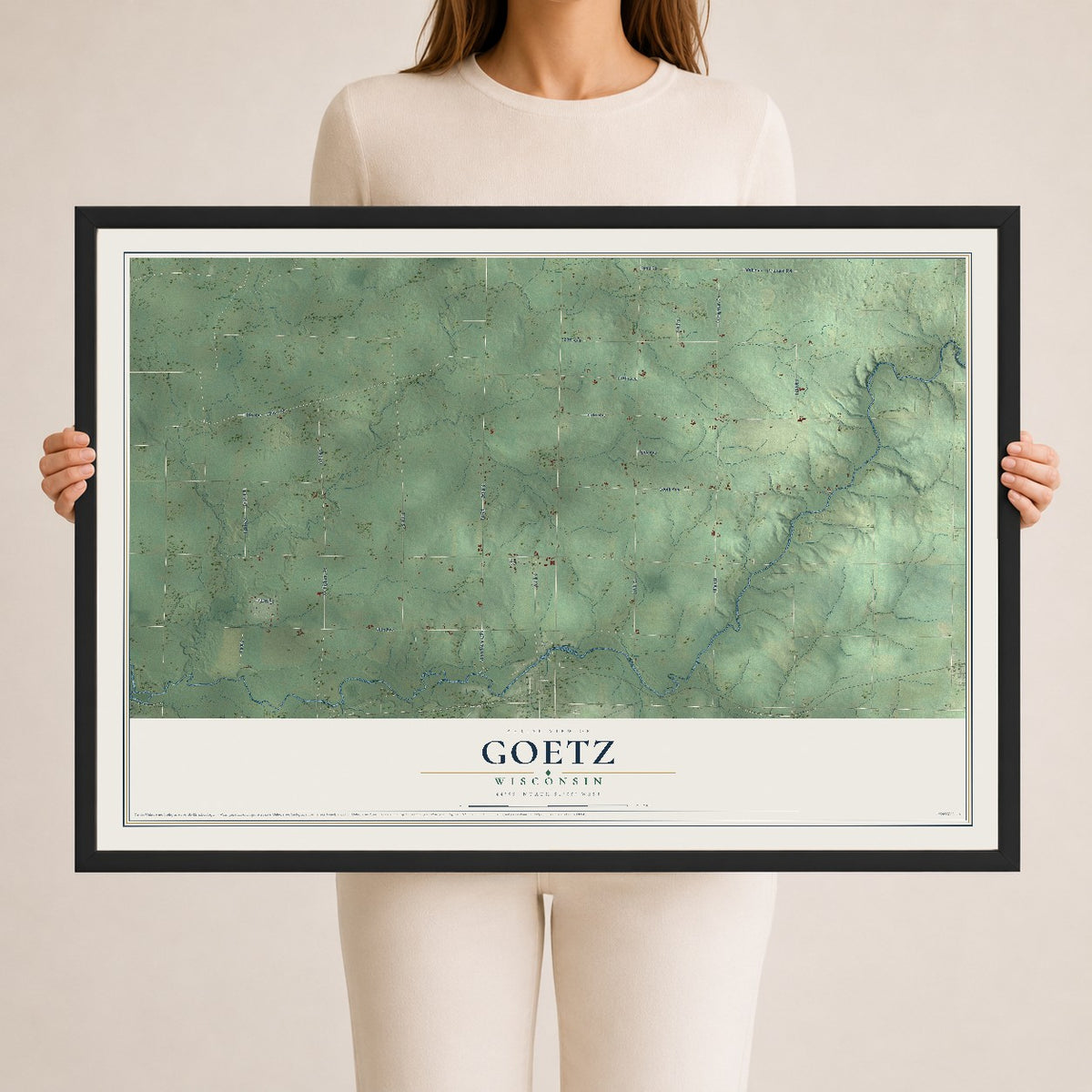 Map of Goetz, Wisconsin, 24 x 36 inch print in a black wood frame