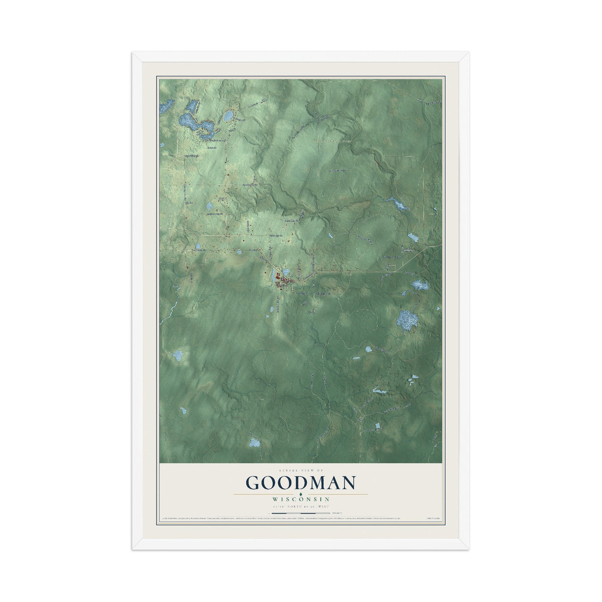 Map of Goodman, Wisconsin, 12 x 18 inch print in a white wood frame