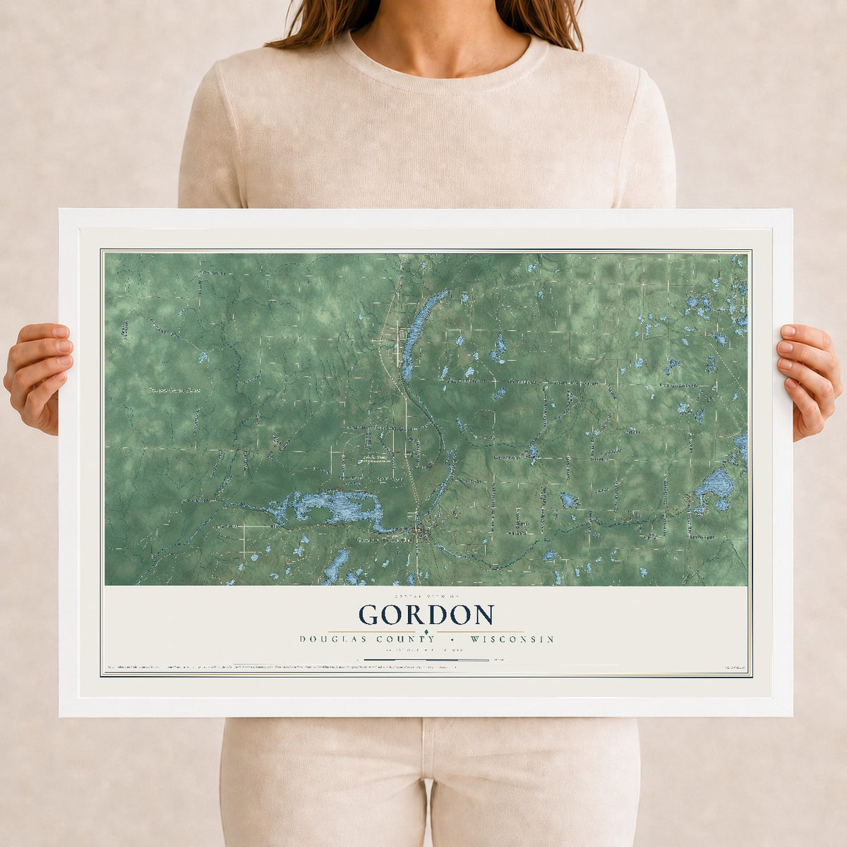 Map of Gordon, Douglas County, Wisconsin, 12 x 18 inch print in a white wood frame