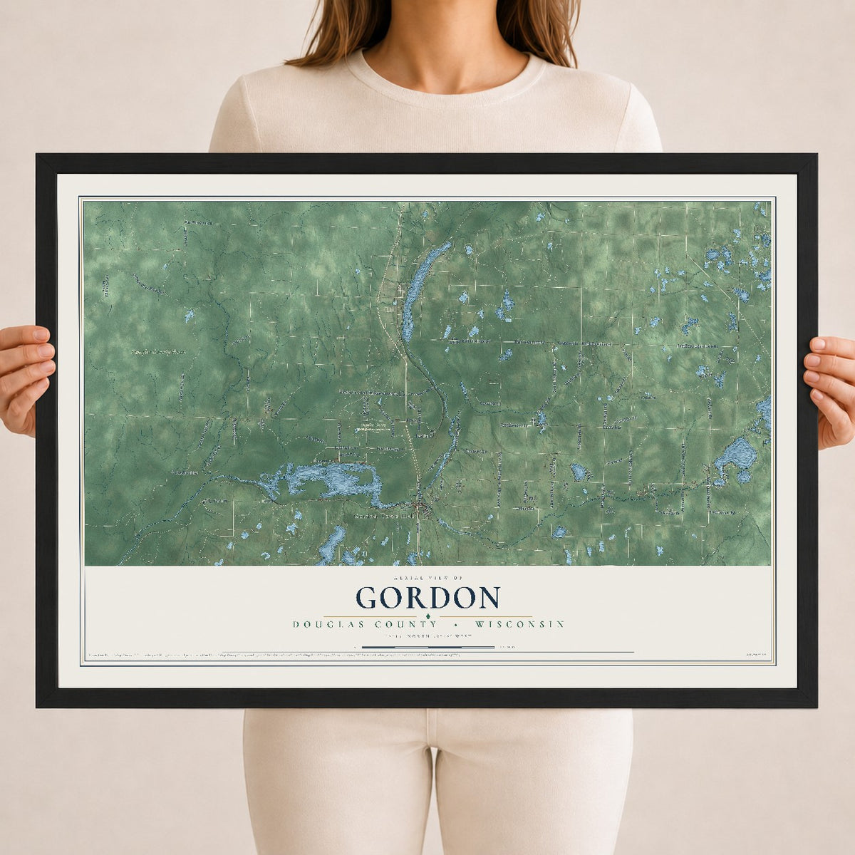 Map of Gordon, Douglas County, Wisconsin, 18 x 24 inch print in a black wood frame