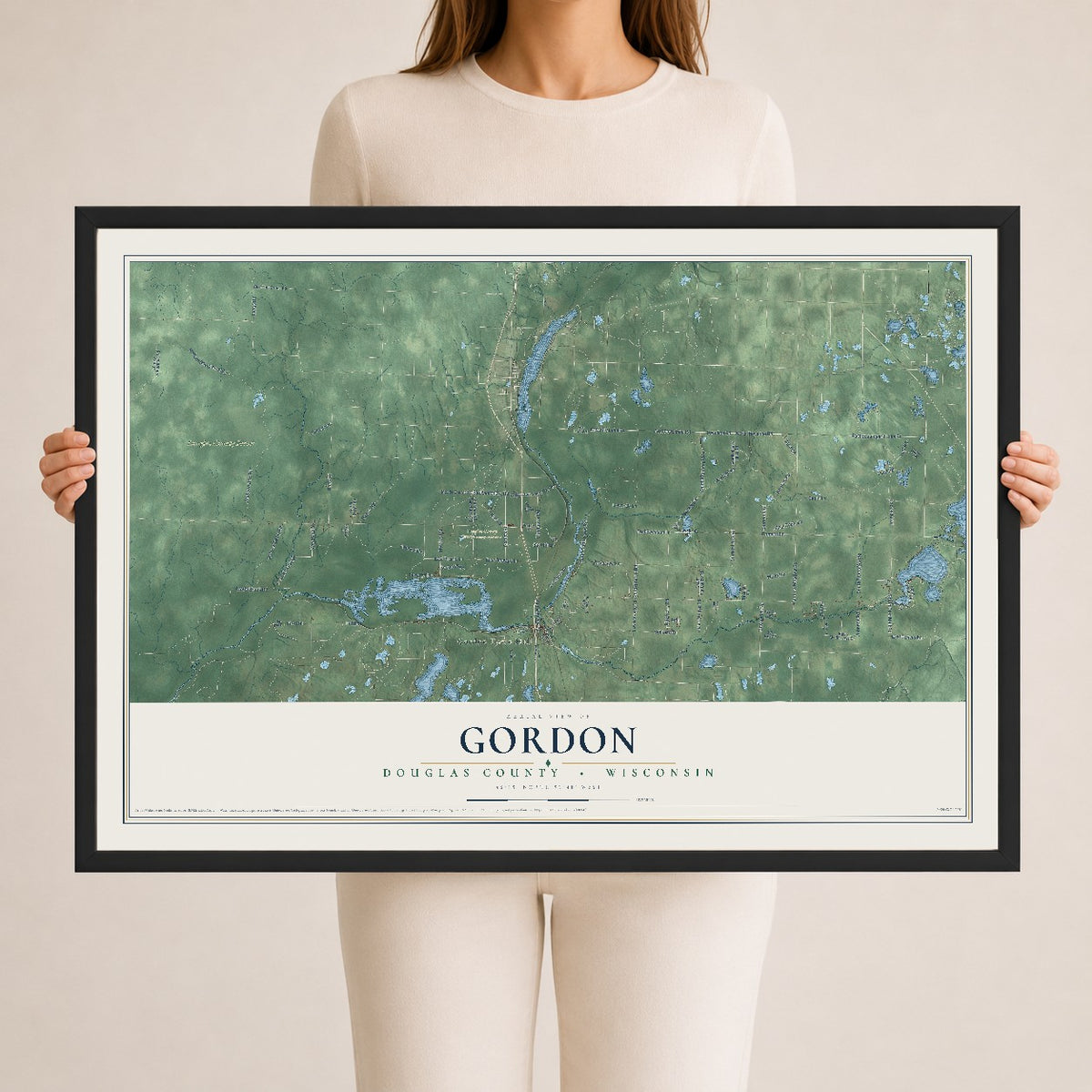 Map of Gordon, Douglas County, Wisconsin, 24 x 36 inch print in a black wood frame