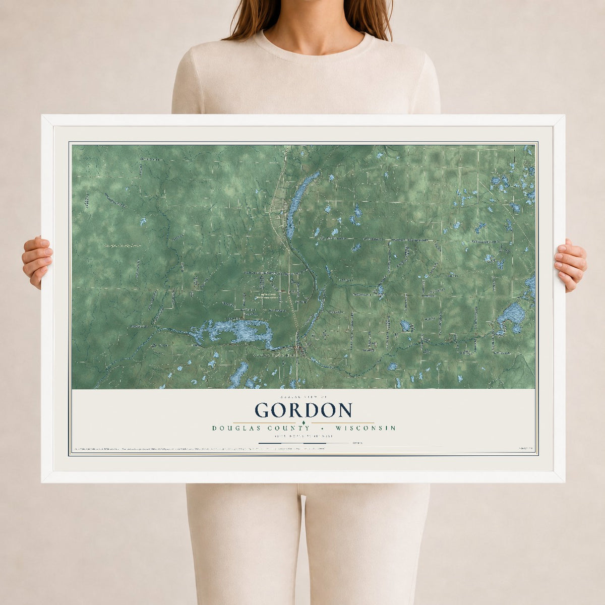 Map of Gordon, Douglas County, Wisconsin, 24 x 36 inch print in a white wood frame