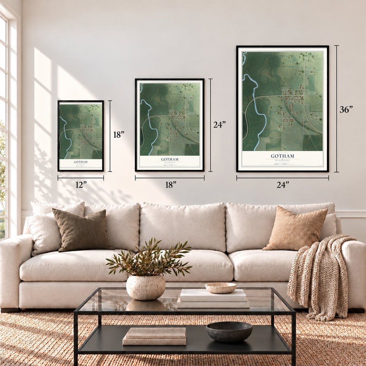 Gotham, Wisconsin map in 12 x 18, 18 x 24 and 24 x 36 inch sizes above a sofa