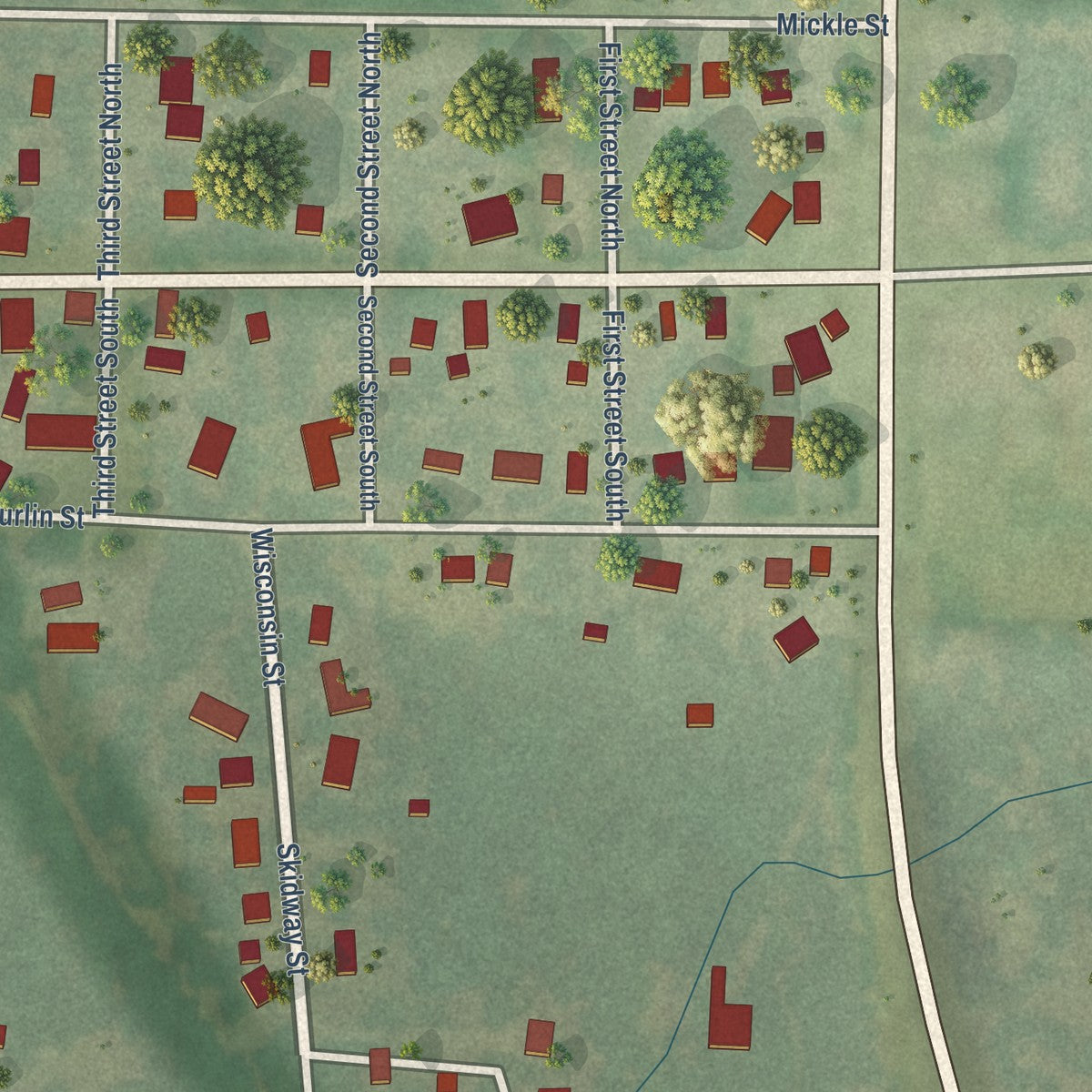 Close-up of the map of Gotham, Wisconsin print showing street and building detail