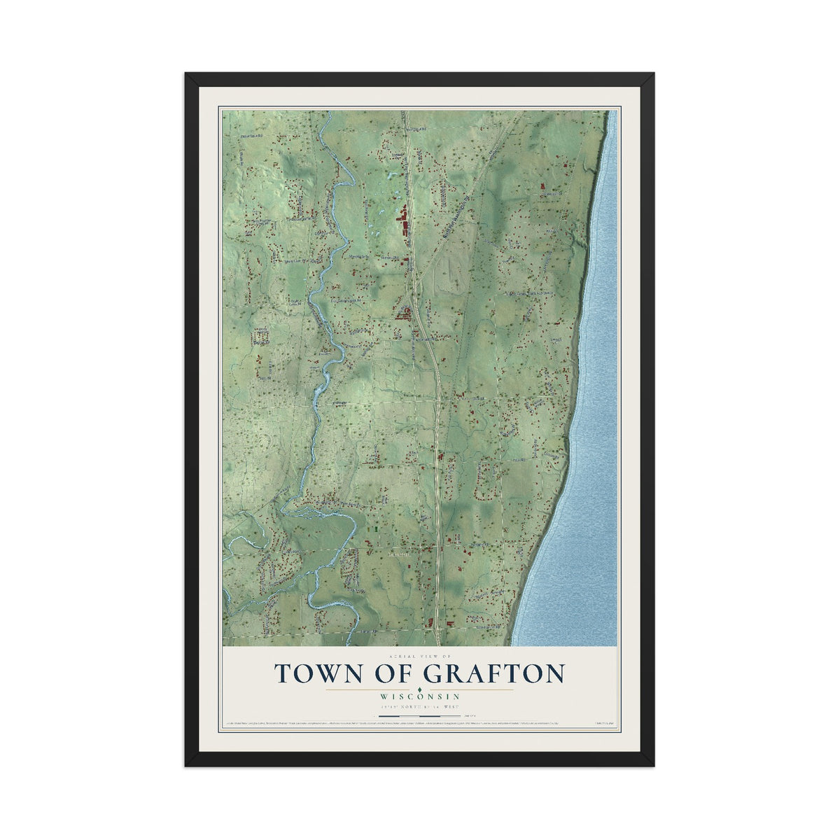 Map of the Town of Grafton, Wisconsin, 12 x 18 inch print in a black wood frame
