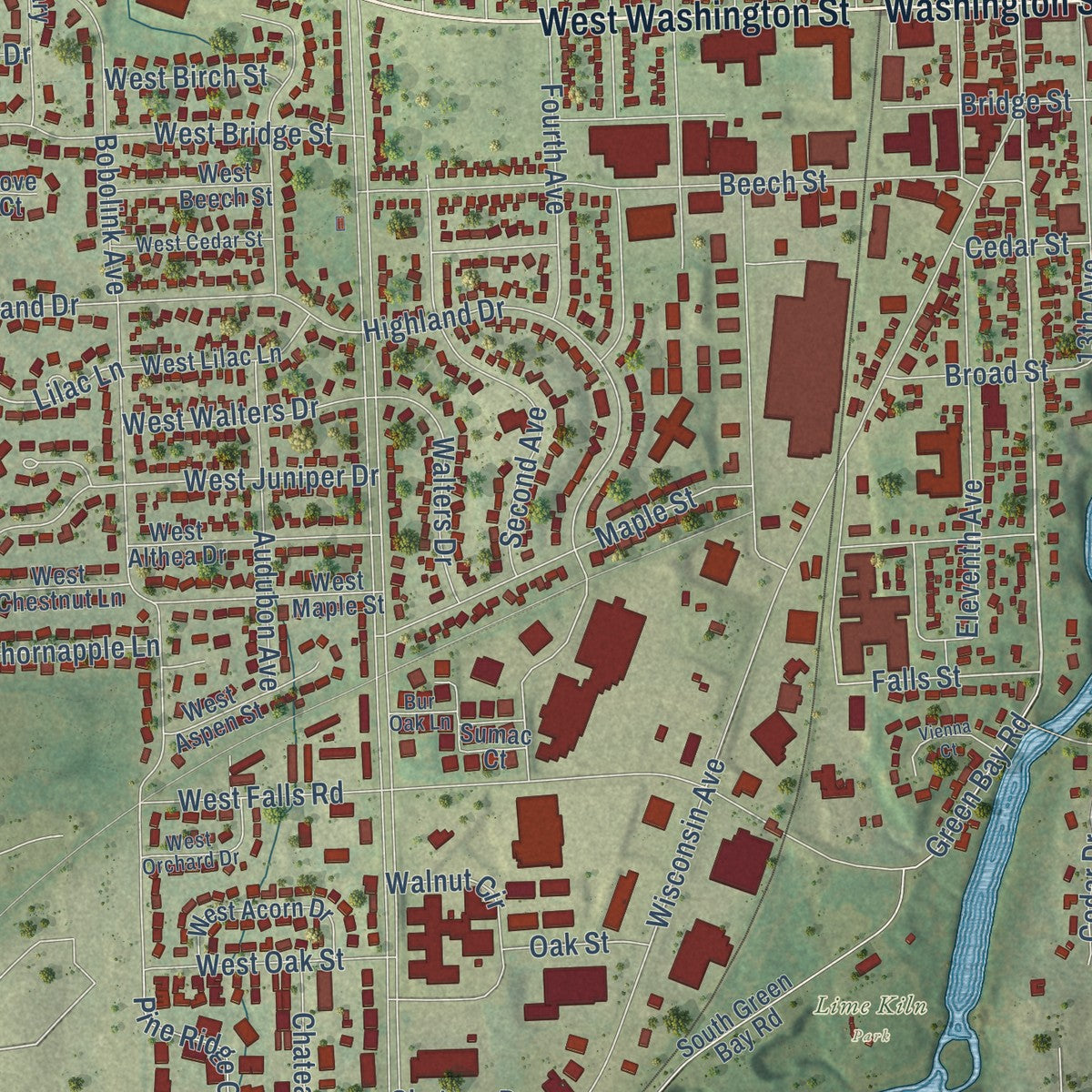 Close-up of the map of Grafton, Wisconsin print showing street and building detail