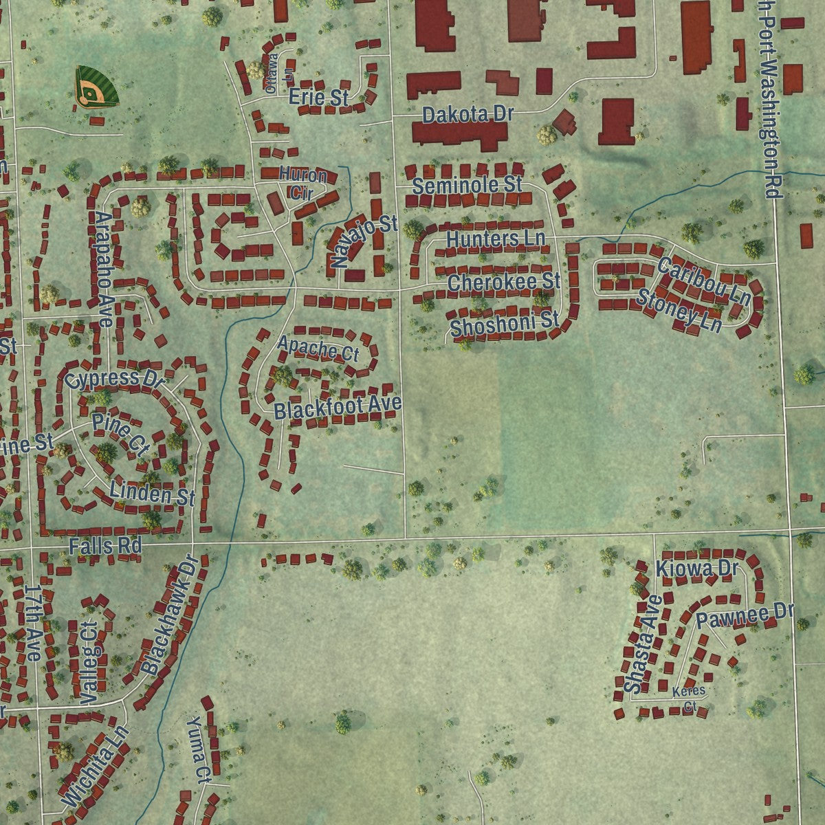 Second close-up of the map of Grafton, Wisconsin print showing more streets and buildings