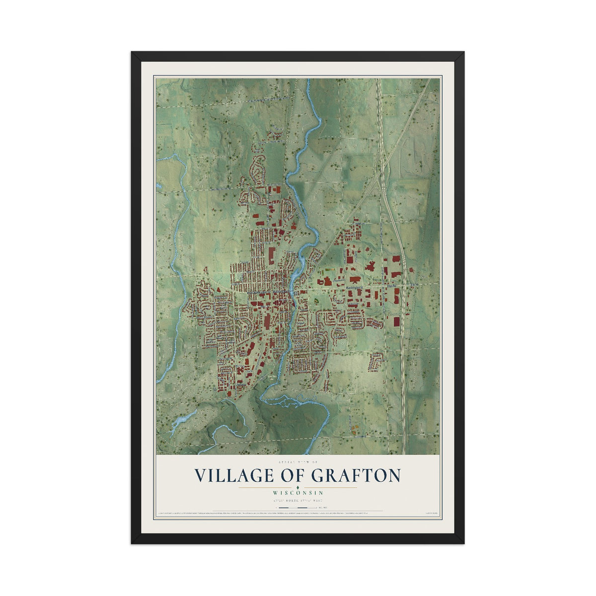 Map of Grafton, Wisconsin, 12 x 18 inch print in a black wood frame