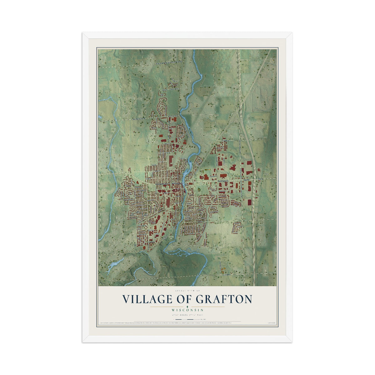 Map of Grafton, Wisconsin, 12 x 18 inch print in a white wood frame
