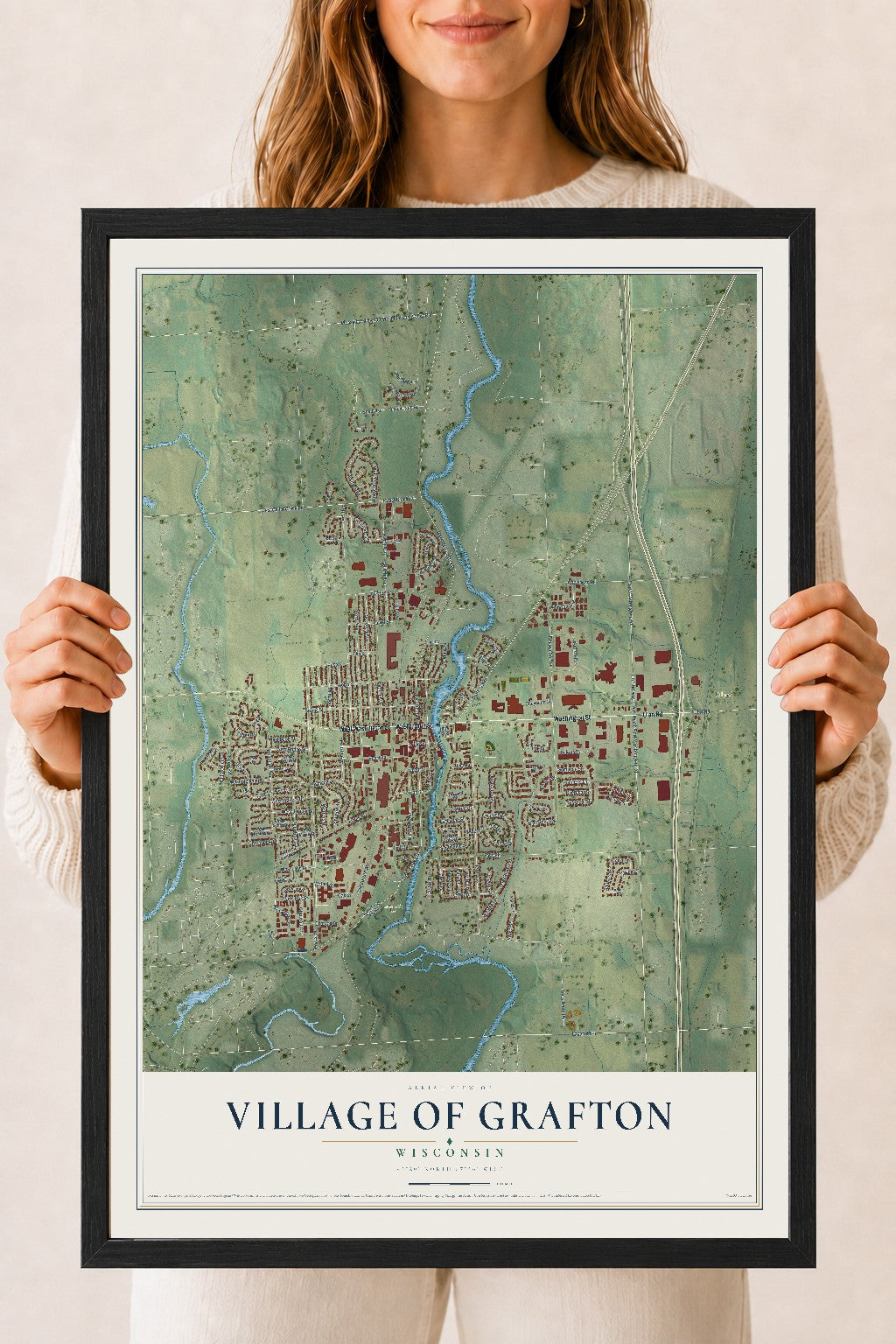 Map of Grafton, Wisconsin, 18 x 24 inch print in a black wood frame