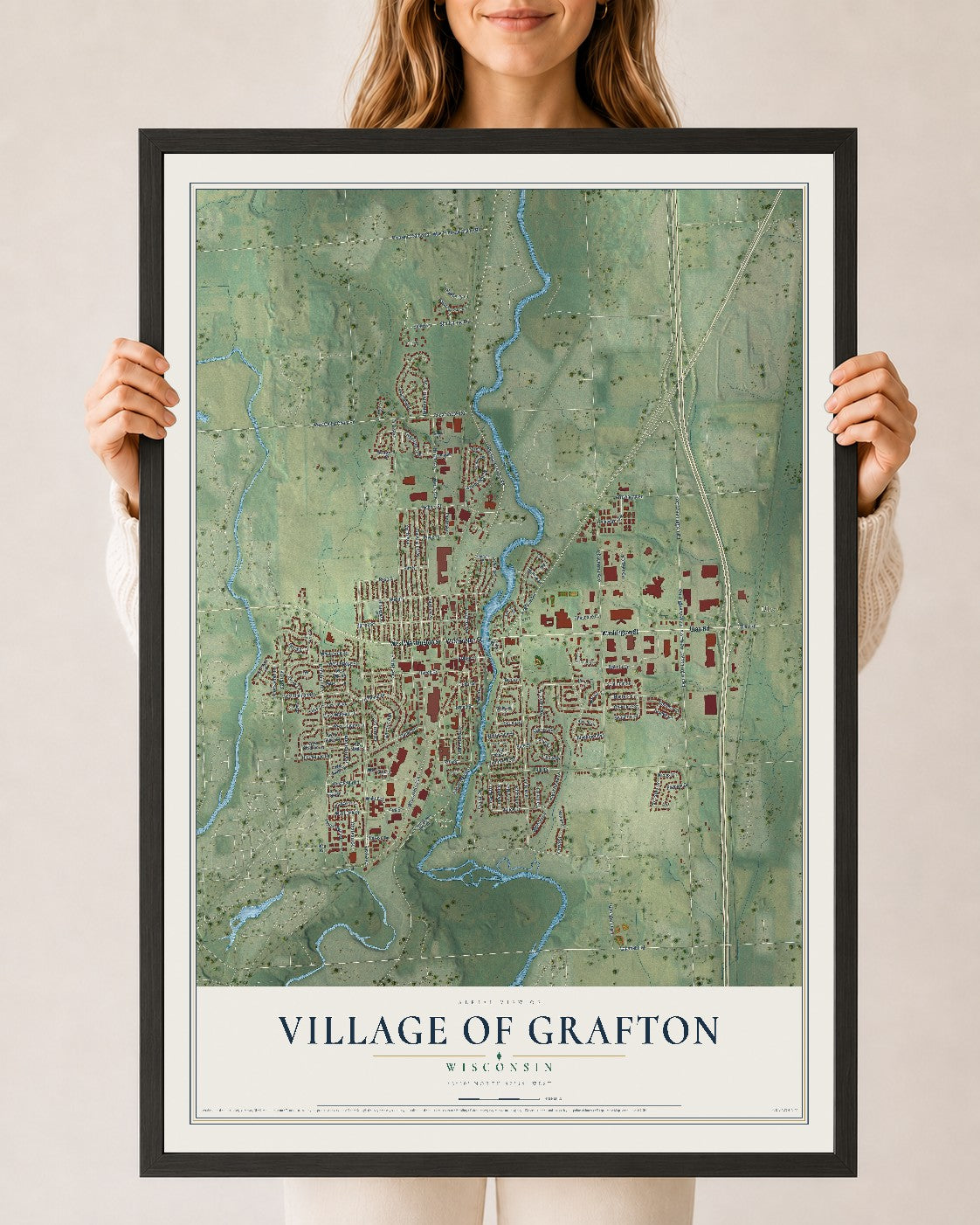 Map of Grafton, Wisconsin, 24 x 36 inch print in a black wood frame