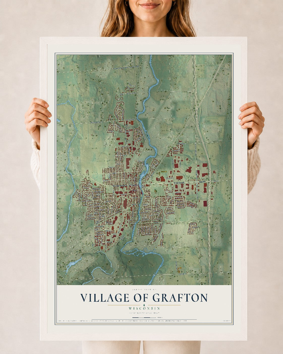Map of Grafton, Wisconsin, 24 x 36 inch print in a white wood frame