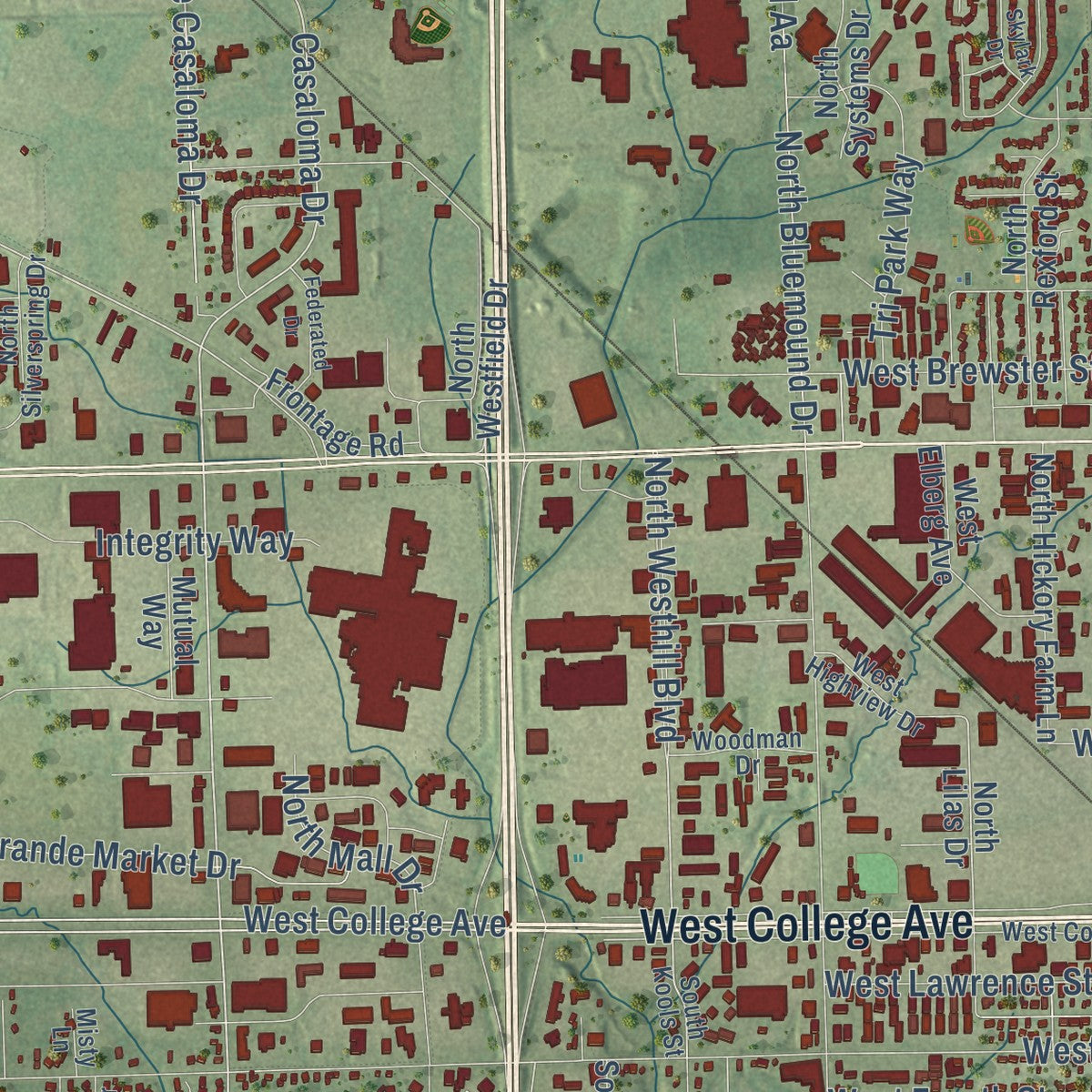 Close-up of the map of Grand Chute, Wisconsin print showing street and building detail