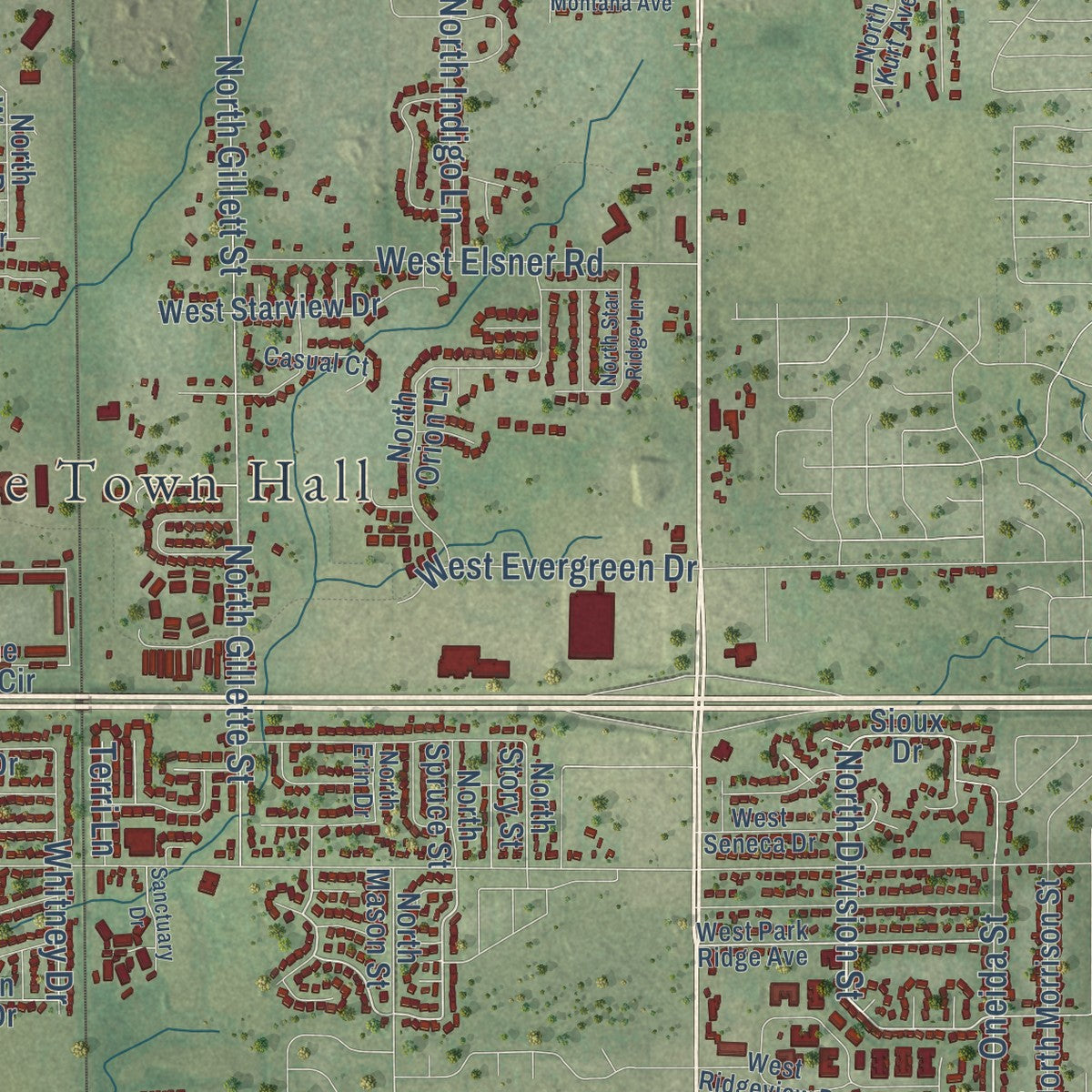 Second close-up of the map of Grand Chute, Wisconsin print showing more streets and buildings